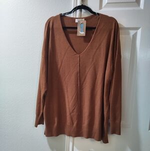 Zenana Women’s Plus Size 1X/2X Brown Sweater Long Sleeve Super Soft NWT V Neck